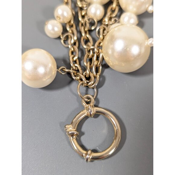 Retro Faux Pearl Charm Triple Chain ChaCha Bracelet Gold Tone Elegant 7" - Picture 7 of 11